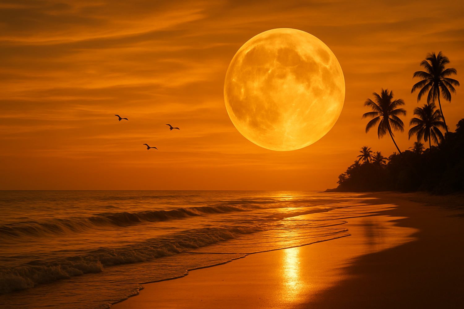 Full moon over a beach with a golden sky